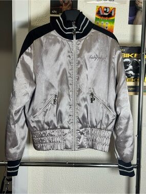 Baby Phat Silver Satin Bomber Jacket Y2K Rhinestone Logo Zip Up